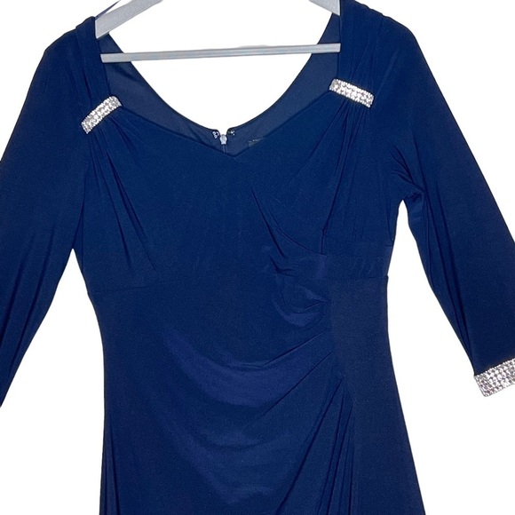 R&M Richards Blue Ruched 3/4 Sleeve Maxi Gown Rhinestone Size 10P NWT Elegant - Picture 4 of 15